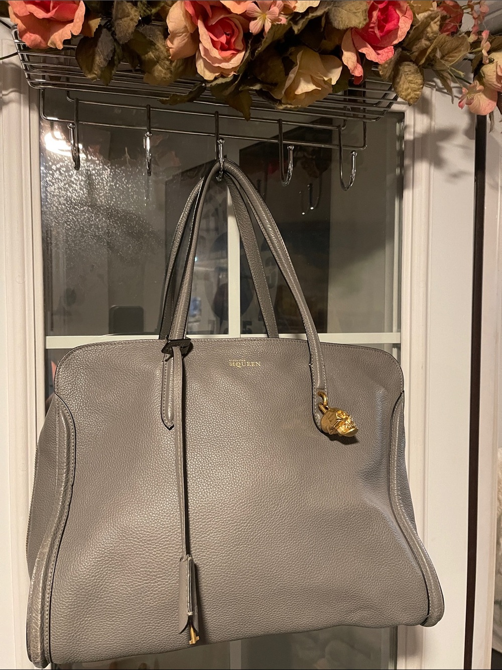 Alexander McQueen Pebbled Gray Leather Tote with Gold Skull Accent